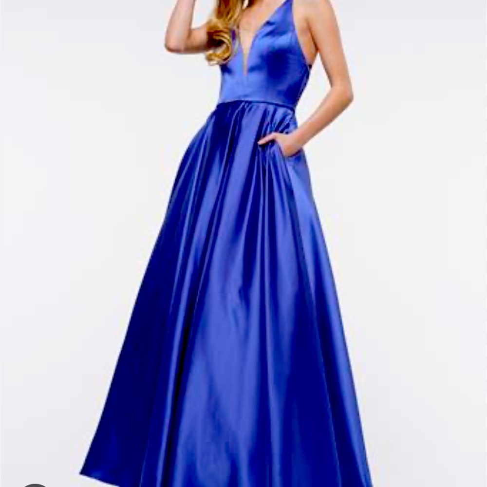 Long Stretch Satin Colors Dress Style 2183 with X Strap and Low Back in Royal.